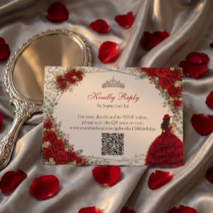 Red Roses Silver Butterflies Quinceañera RSVP Card