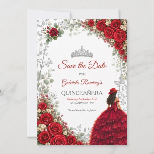 Red Roses Silver Butterflies Quinceañera Save The Date