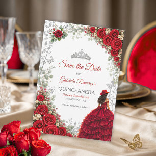 Red Roses Silver Butterflies Quinceañera Save The Date