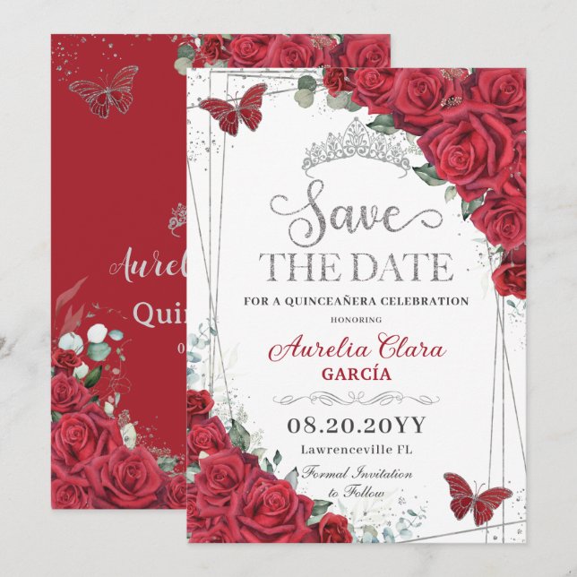 Red Roses Silver Butterflies Quinceanera Sweet 16  Save The Date (Front/Back)