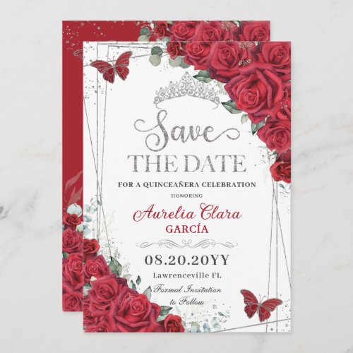 Red Roses Silver Butterflies Quinceanera Sweet 16  Save The Date