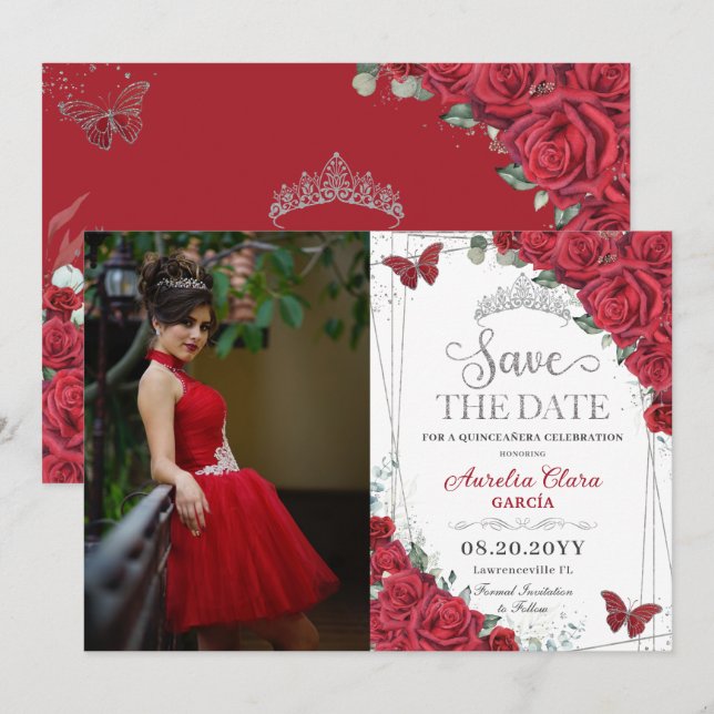 Red Roses Silver Butterflies Quinceanera Sweet 16 Save The Date (Front/Back)