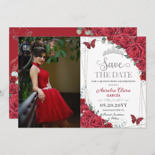 Red Roses Silver Butterflies Quinceanera Sweet 16 Save The Date