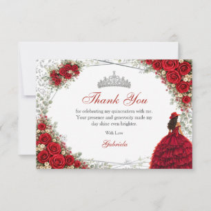 Red Roses Silver Butterflies Quinceañera Thank You Card