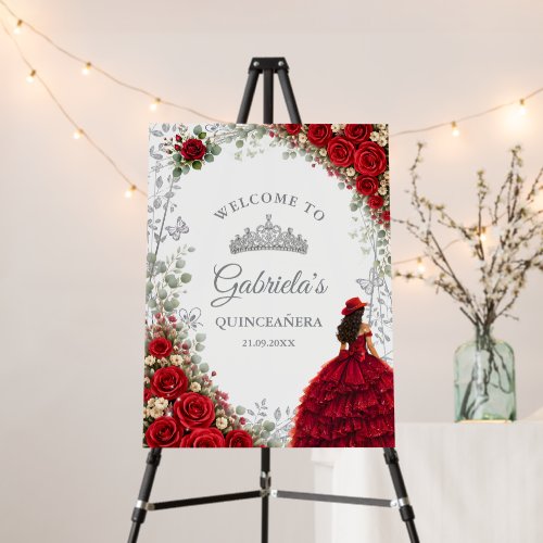 Red Roses Silver Butterflies Quinceañera Welcome Foam Board