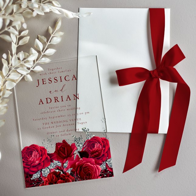 Red Roses & Silver Elegant Wedding Acrylic Invitations (Creator Uploaded)