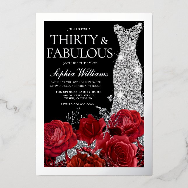 Red Roses & Silver Foil Black 30th Birthday Foil Invitation (Front)