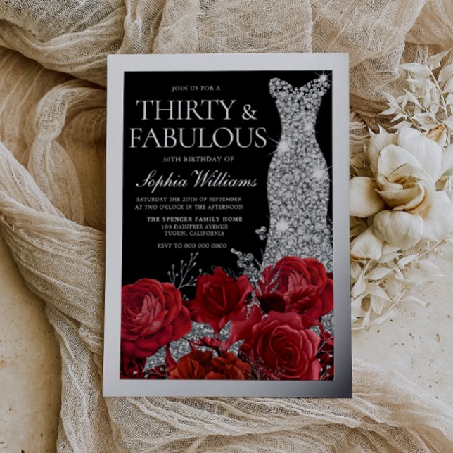 Red Roses & Silver Foil Black 30th Birthday Invitation (Creator Uploaded)