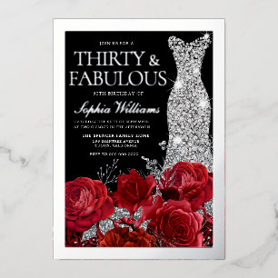 Red Roses & Silver Foil Black 30th Birthday Invitation