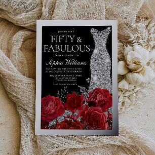 Red Roses & Silver Foil Black 50th Birthday Invitation