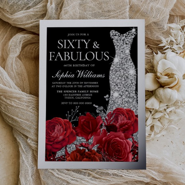 Red Roses & Silver Foil Black 60th Birthday Foil Invitation (Creator Uploaded)