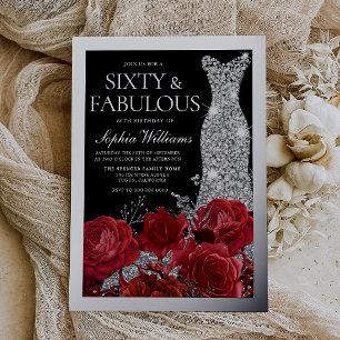 Red Roses & Silver Foil Black 60th Birthday Invitation