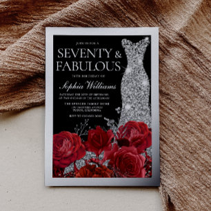 Red Roses & Silver Foil Black 70th Birthday Invitation