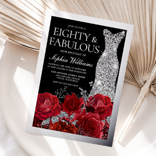 Red Roses & Silver Foil Black 80th Birthday Invitation