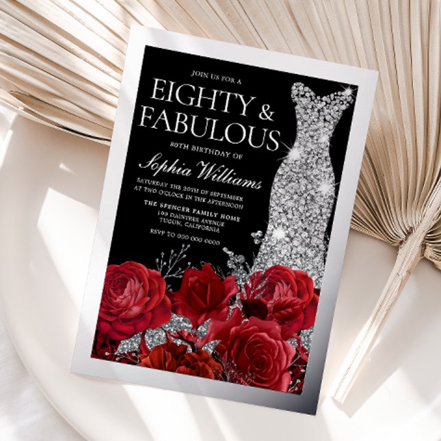Red Roses & Silver Foil Black 80th Birthday Invitation (Creator Uploaded)