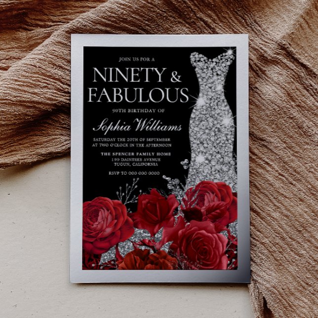 Red Roses & Silver Foil Black 90th Birthday Foil Invitation (Creator Uploaded)