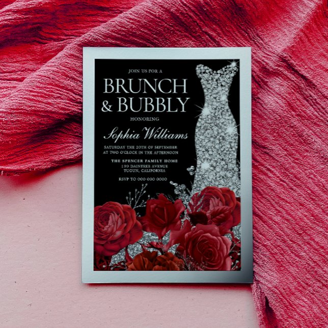 Red Roses & Silver Foil Black Bridal Shower Foil Invitation (Creator Uploaded)