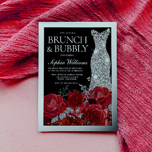 Red Roses & Silver Foil Black Bridal Shower Invitation