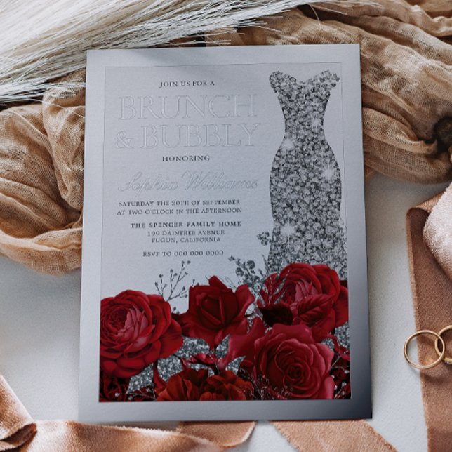 Red Roses & Silver Foil Border Bridal Shower Foil Invitation (Creator Uploaded)