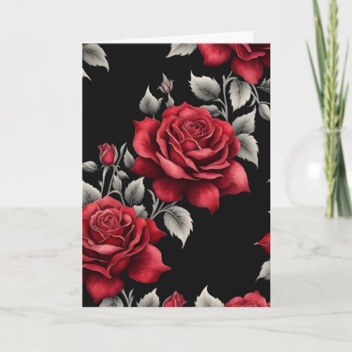 Red Roses Silver Foliage on Black Goth Valentine Holiday Card