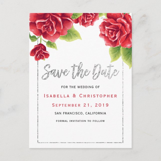 Red Roses & Silver Glitter Save the Date Announcement Postcard (Front)