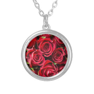 Red roses silver plated necklace
