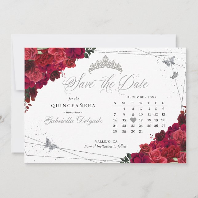 Red Roses & Silver Quinceañera Save The Date Invitation (Front)