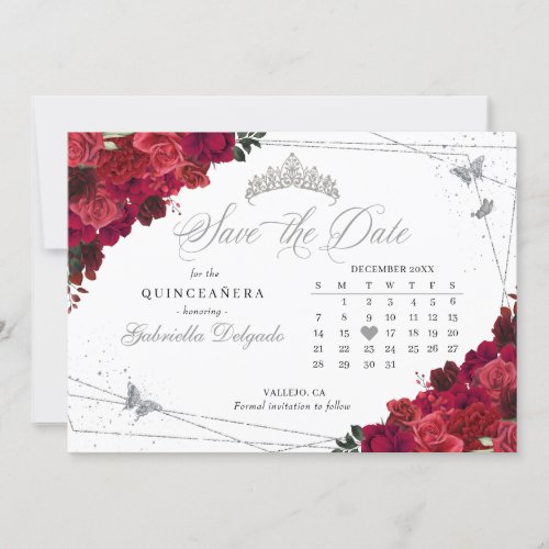 Red Roses  Silver Quinceaera Save The Date Invitation