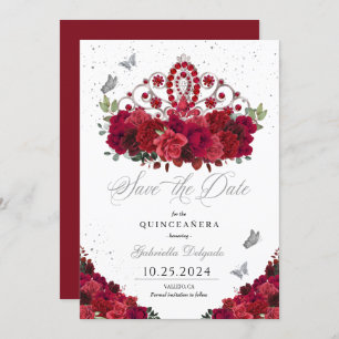 Red Roses & Silver Tiara Save The Date Quinceañera Invitation