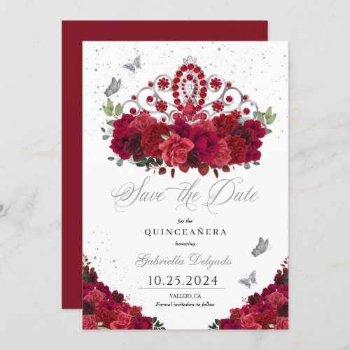 Red Roses  Silver Tiara Save The Date Quinceaera Invitation