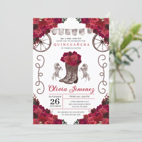 Red Roses Silver Western Cowgirl Boots Quinceanera Invitation