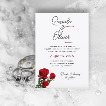 Red Roses Simple White Wedding Invitation by BlueHyd at Zazzle