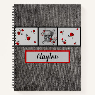Red Roses Skull and Black Jean Background Notebook