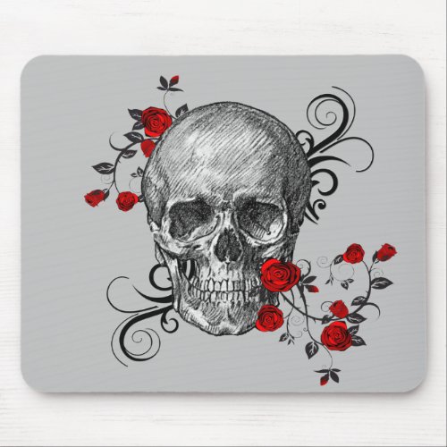 Red Roses Skull Mouse Pad
