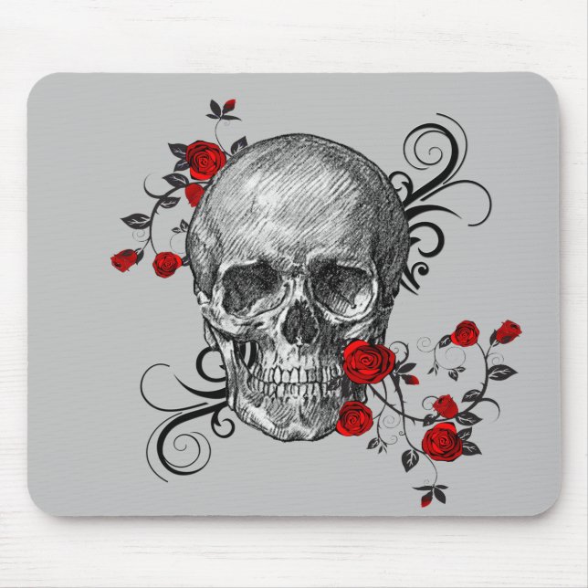 Red Roses Skull Mouse Pad (Front)