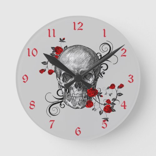 Red Roses Skull Wall Clock