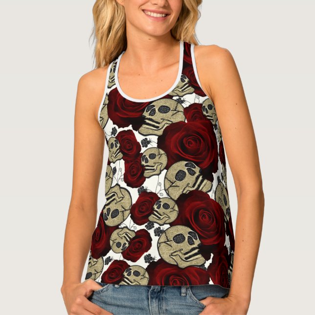 Red Roses & Skulls Black Flora Gothic White Tank Top (Front)