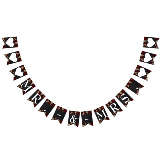 Red Roses Skulls Black Floral Gothic Mr. & Mrs Bunting Flags (All)