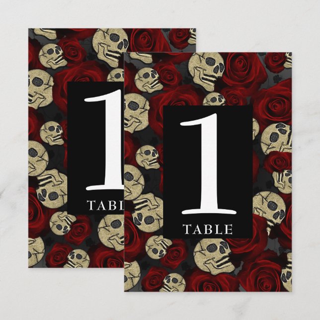 Red Roses Skulls Black Floral Gothic Table Number (Front/Back)