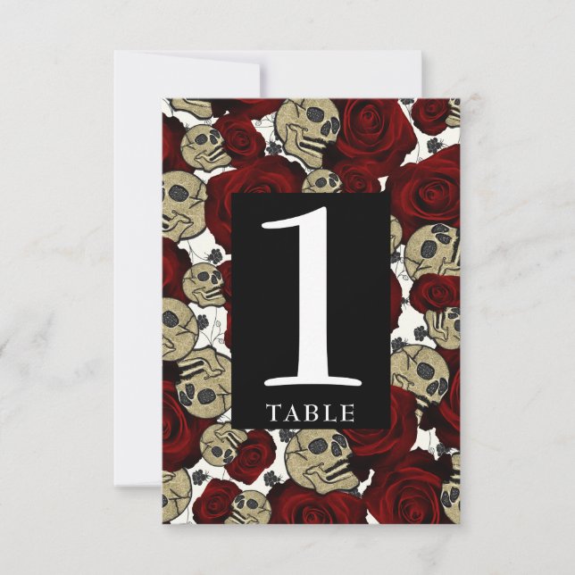 Red Roses Skulls Black Floral Gothic Table Number (Front)