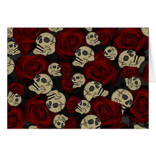 Red Roses & Skulls Black Floral Gothic Thank You Cards