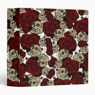 Red Roses & Skulls Black Floral Gothic White 3 Ring Binder