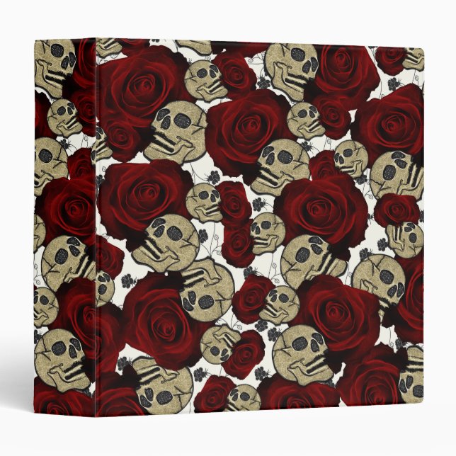 Red Roses & Skulls Black Floral Gothic White 3 Ring Binder (Front/Spine)