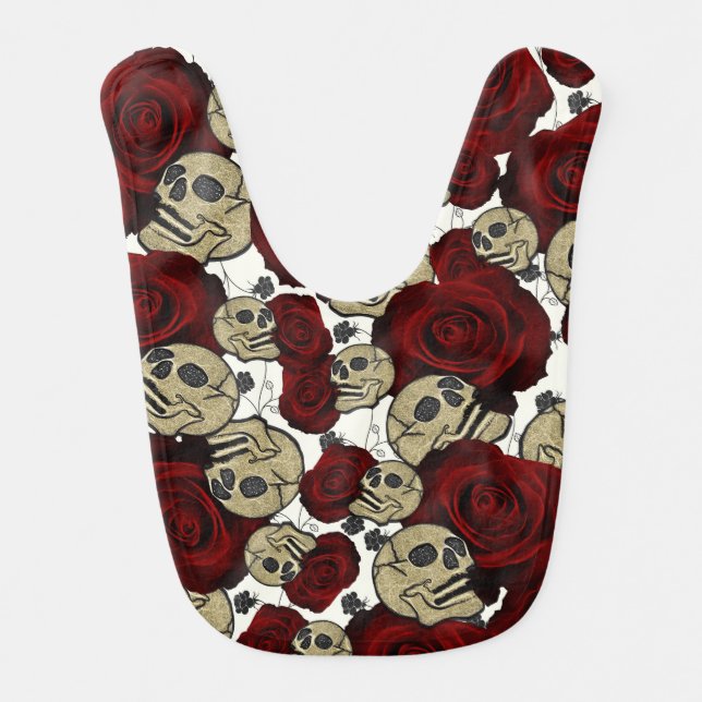 Red Roses & Skulls Black Floral Gothic White Baby Bib (Front)