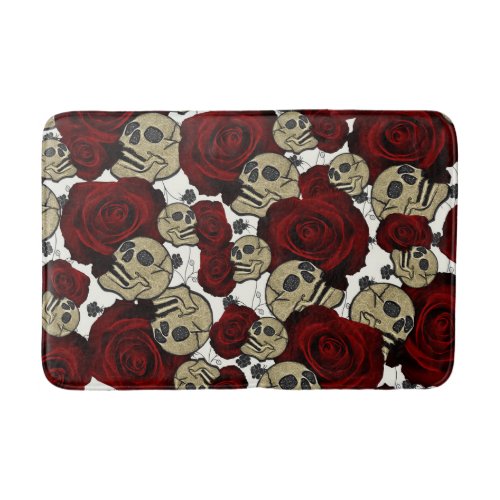 Red Roses  Skulls Black Floral Gothic White Bath Mat