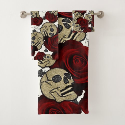 Red Roses  Skulls Black Floral Gothic White Bath Towel Set