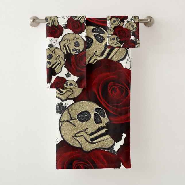 Red Roses & Skulls Black Floral Gothic White Bath Towel Set (Insitu)