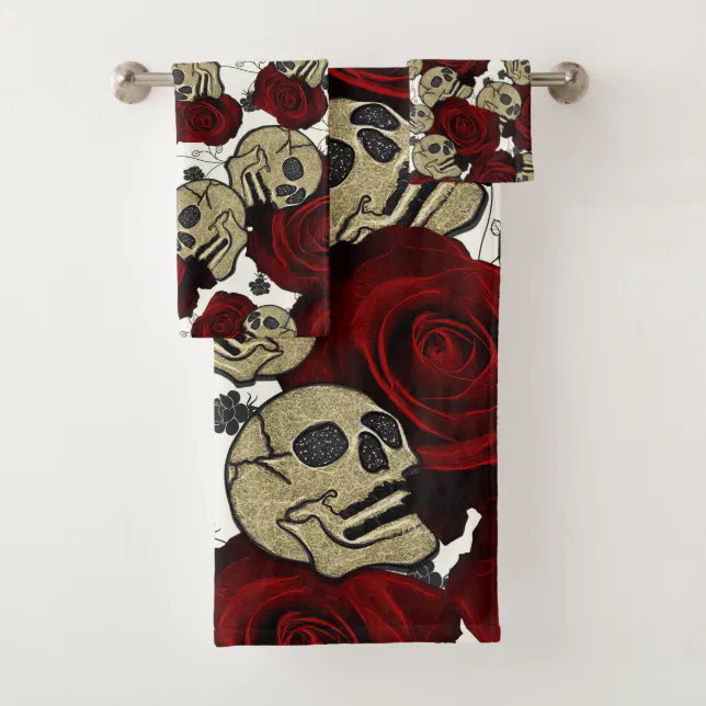 Red Roses & Skulls Black Floral Gothic White Bath Towel Set | Zazzle