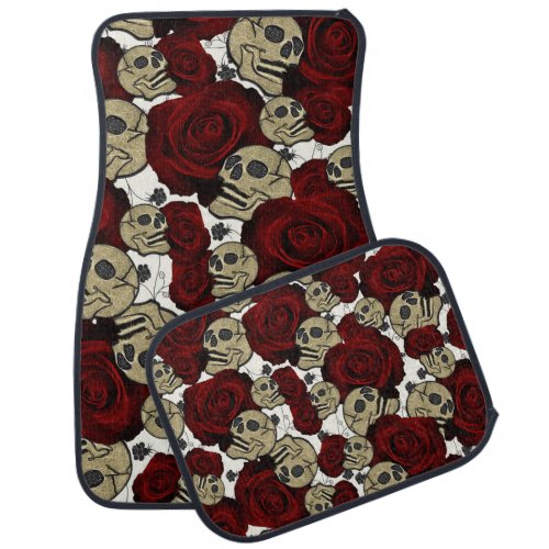 Red Roses  Skulls Black Floral Gothic White Car Floor Mat