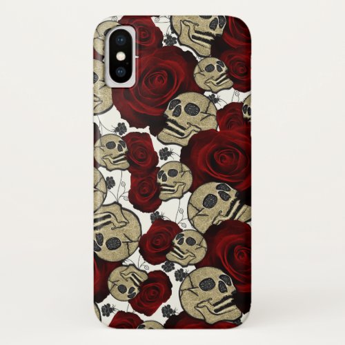 Red Roses  Skulls Black Floral Gothic White iPhone X Case